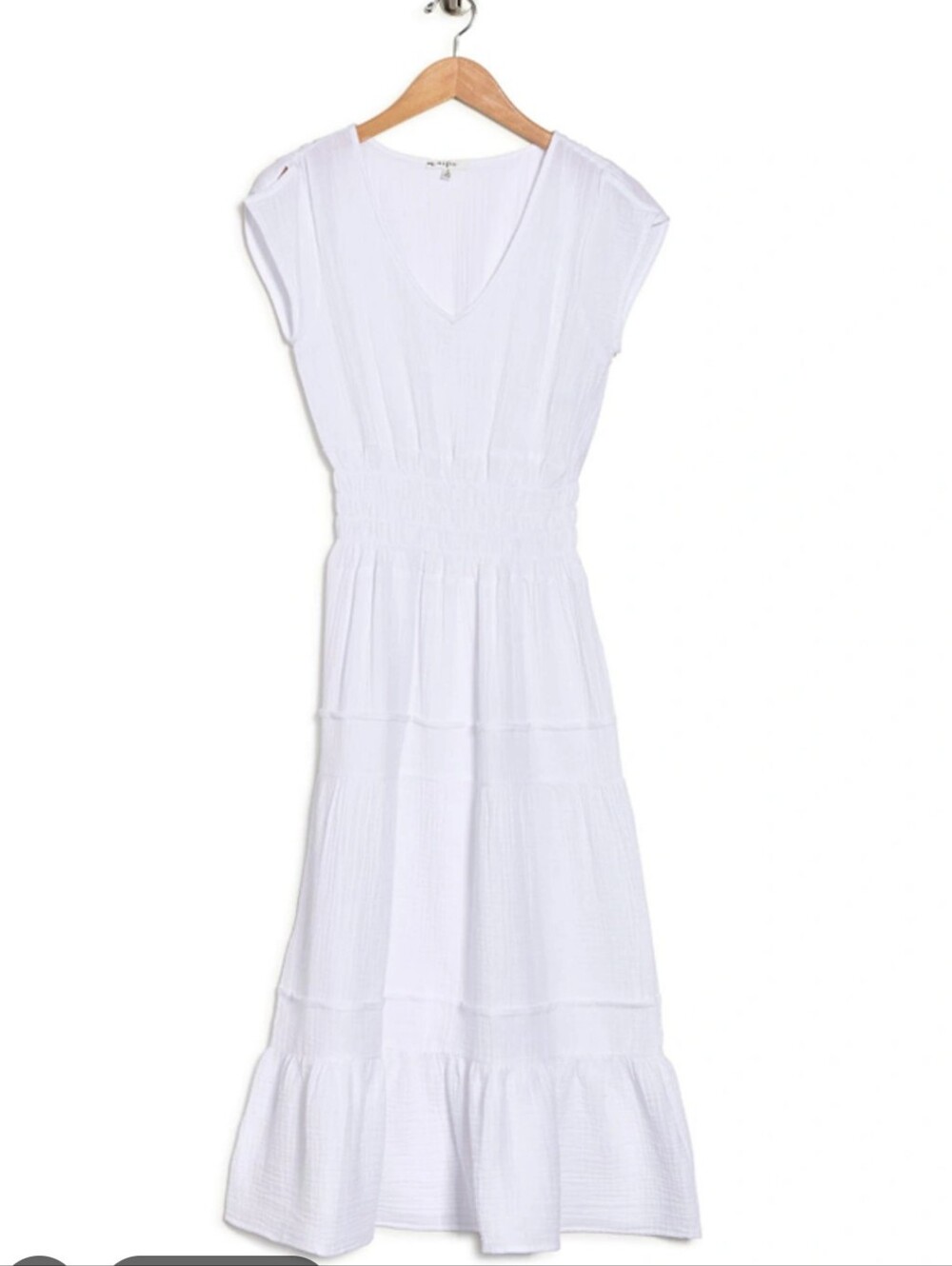 Maisie Cotton Lightweight White V-Neck Maxi Dress with Smocked Waist Small